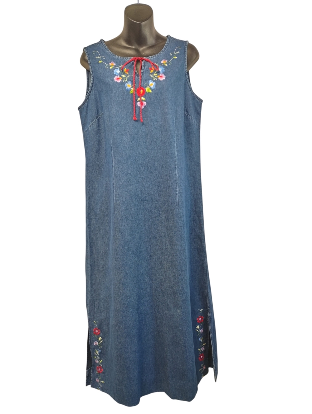 Vintage Erika Denim Maxi Dress Sz M Cotton Floral Embroidery Tie Neck Side Slits